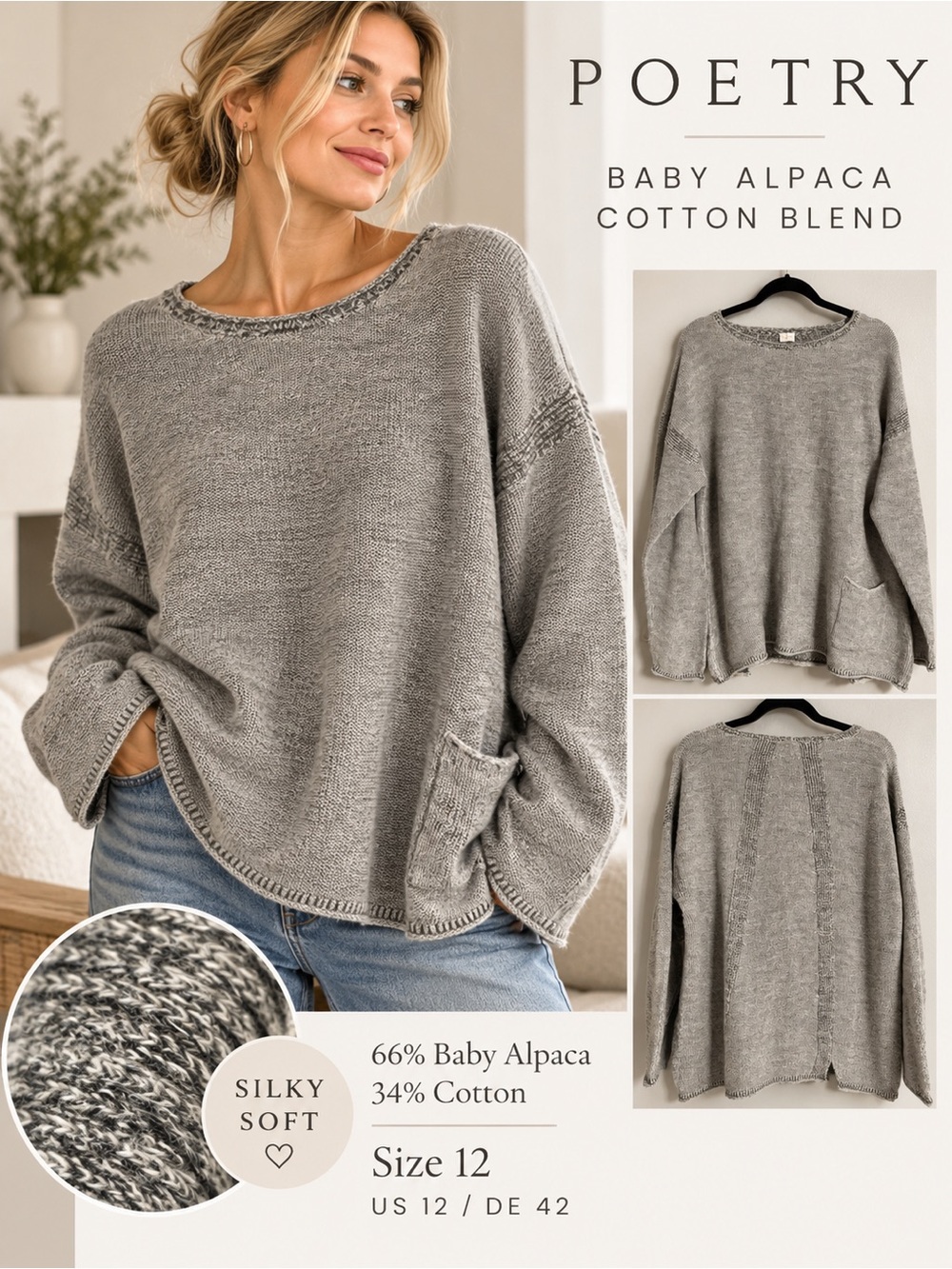 Poetry Baby Alpaca Cotton Oversized Knit Sweater Gray Size 12 Silky Soft